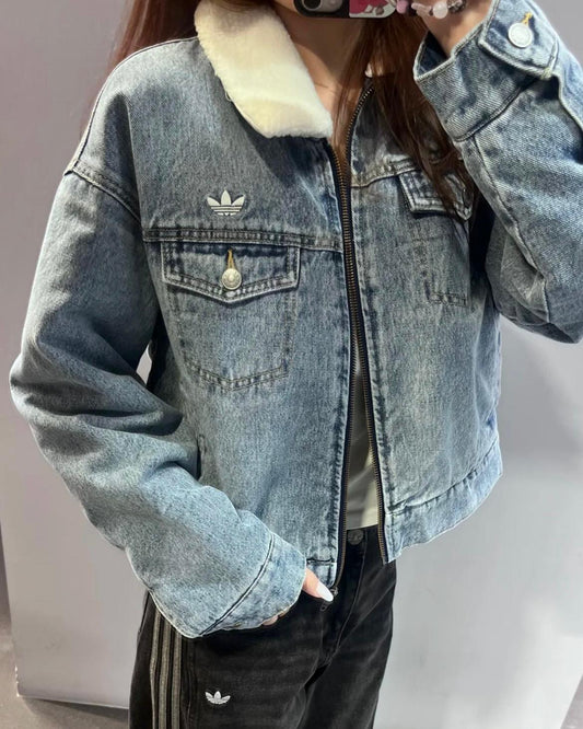 ADIDAS ORIGINALS 毛毛領夾綿牛仔外套